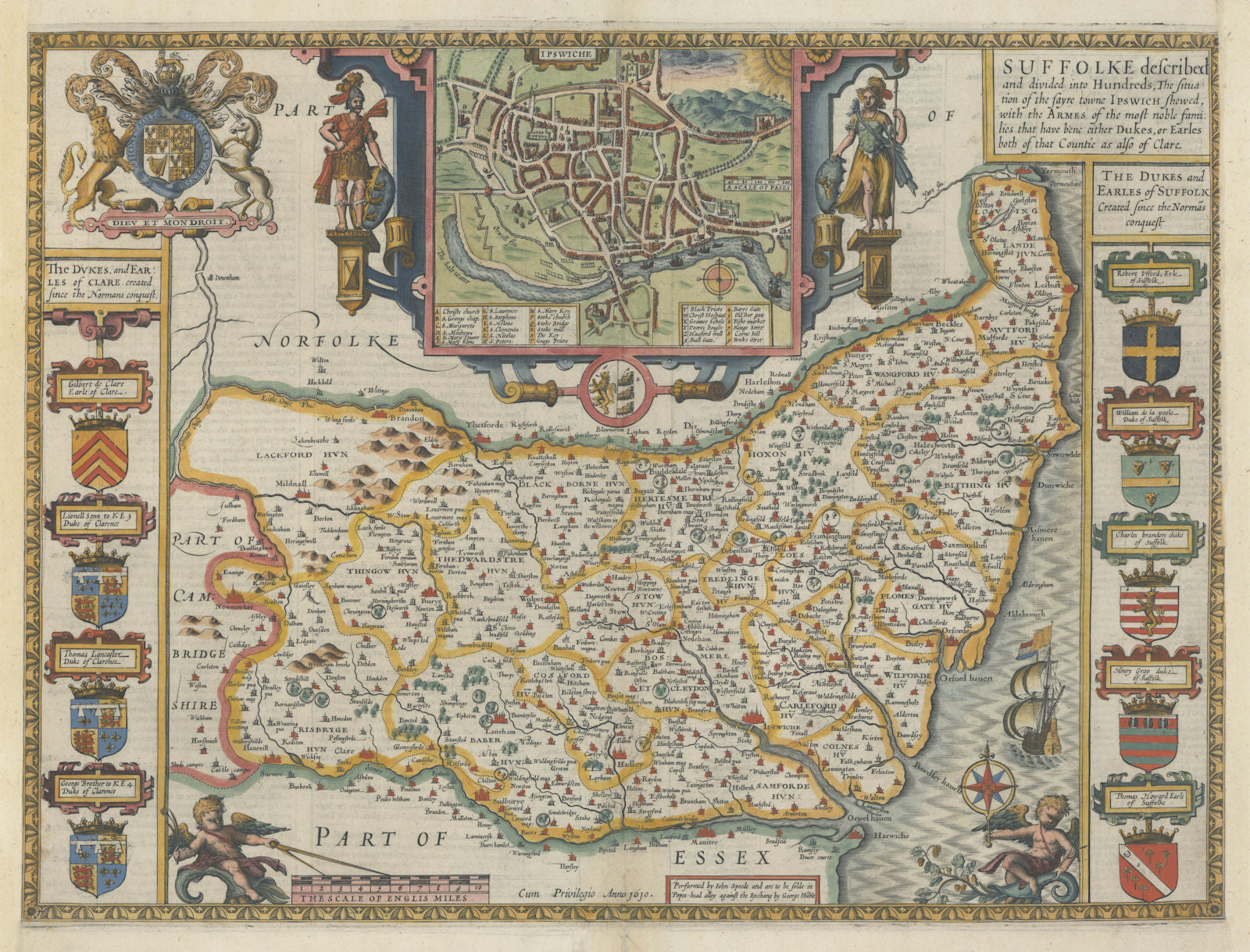 Suffolke described. Suffolk county map by John Speed. George Humble edition 1611